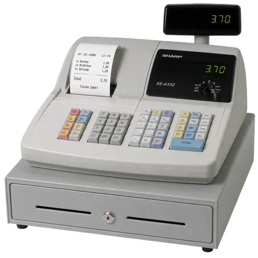 Alte Registrierkasse mit Bondrucker und Geldschublade