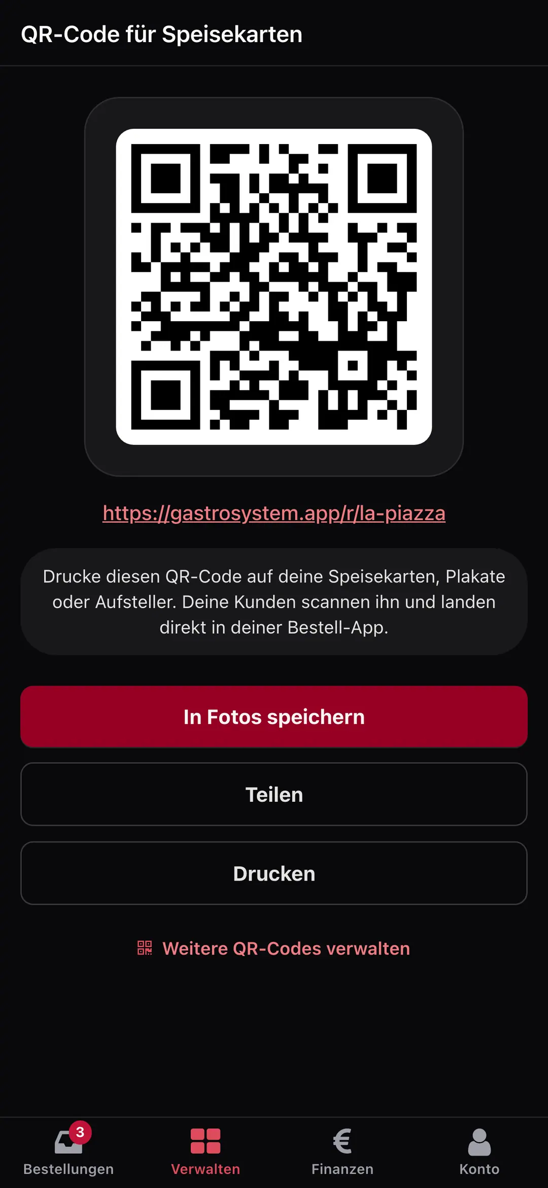 QR-Code zur digitalen Speisekarte, erzeugt im GastroSystem-Kassensystem