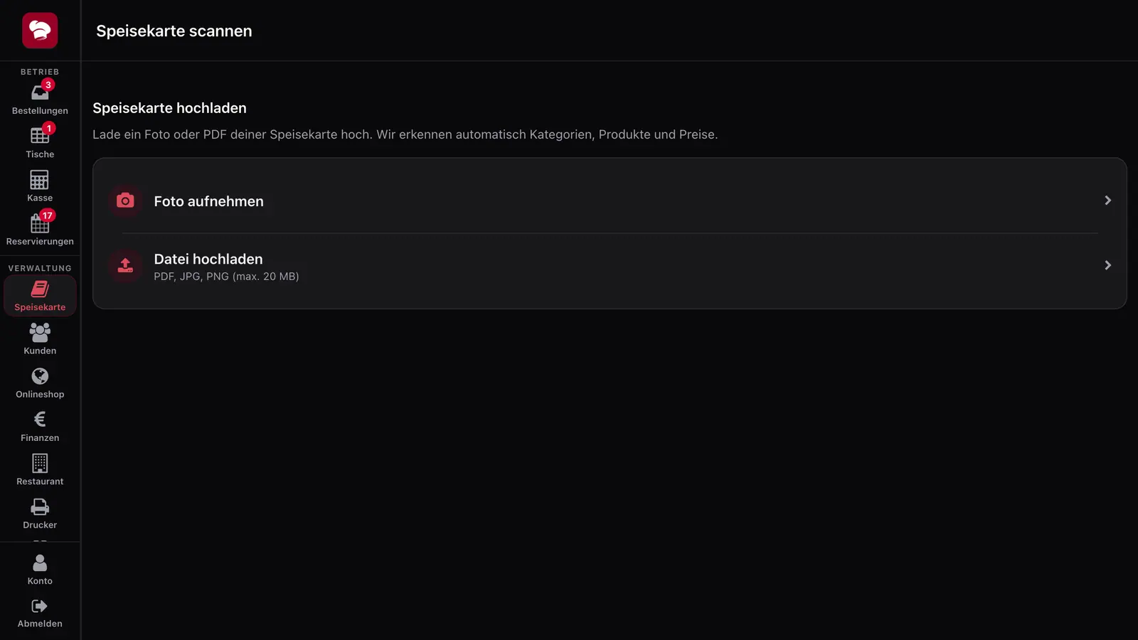 Screenshot: Speisekarten-KI-Import