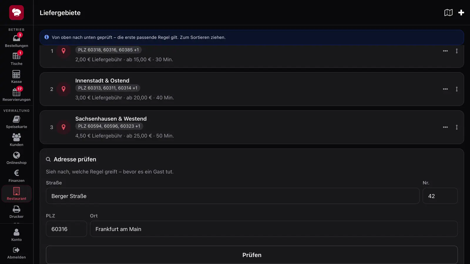 Screenshot: Lieferregeln